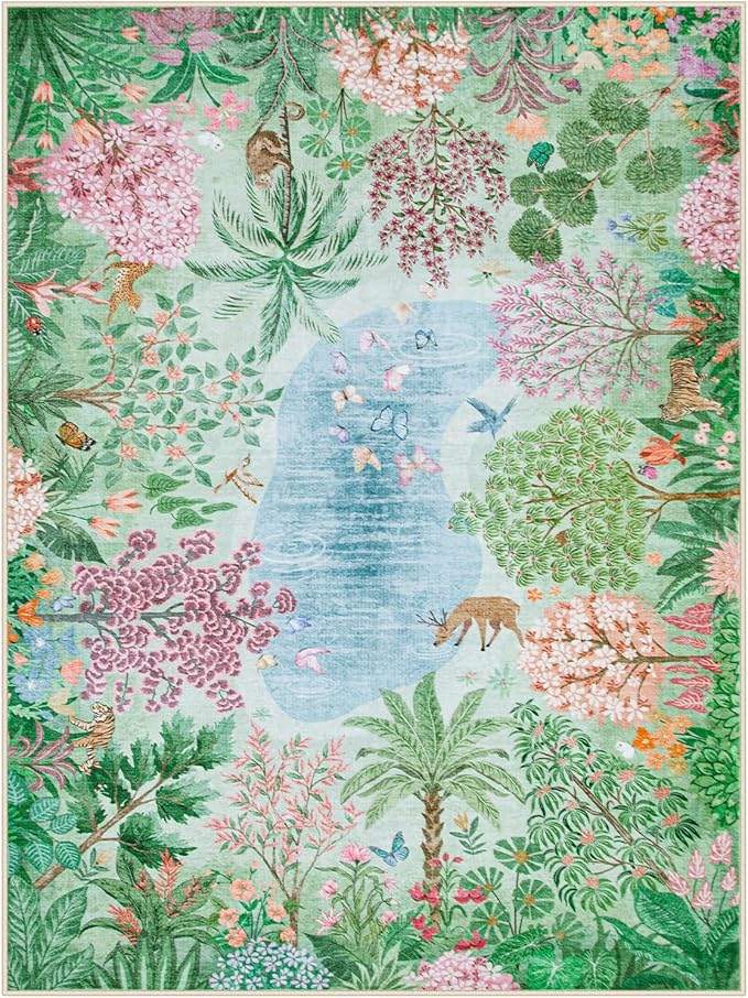 Lahome Spring Jungle Carpet, 9x12 Green Area Rug for Bedroom Large Living Room Area Rug, Soft Botanical Carpet for Kids Room, Washable Non Slip Non Shedding Indoor Mat for Dining Room Playroom