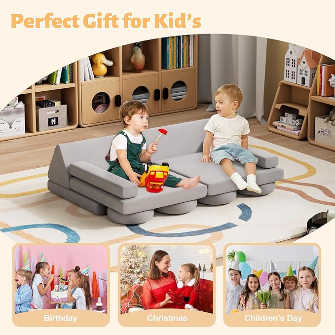 12 PCS Modular Kids Play Block Couch Child Sectional Soft Sofa Toddler Building Fortplay Climbing Bedroom Playroom Baby Convertible Floor Foam Cushion for Boys & Girls (car-Shaped-Grey)