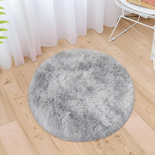 3 ft Small Grey Round Rug for Bedroom,Tie Dyed Soft Shaggy Circle Rug Fluffy Plush Gray Round Carpet for Kids Girls Boys Room Baby Nursery Living Room Playroom Home Decor