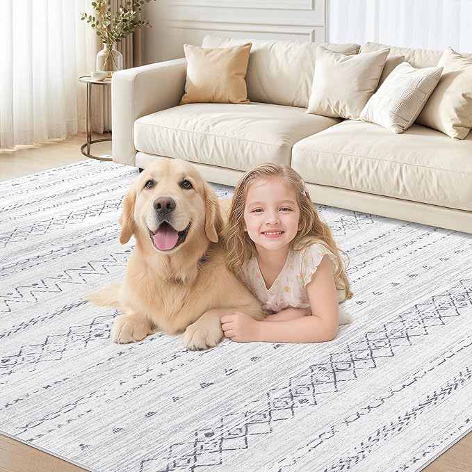 Area Rugs for Living Room Washable Living Room Rug Soft Neutral Indoor Floor Carpet Non-Slip Stain Resistant Modern Boho Rugs for Bedroom Dining Room Kids Room Nursery Office Home Grey