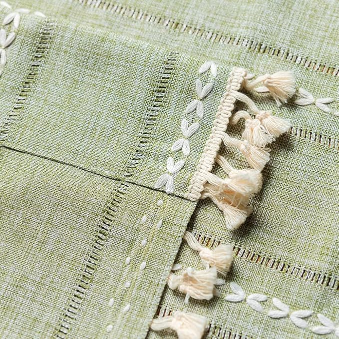 Deeprove Green Boho Curtain Valance for Cafe Kitchen Closet Doorway Decor, Sheer Bohemian Farmhouse Cotton Linen Short Panel French Tassel Trim Country Window Treatments Panel, W52 x L18, 1 Piece