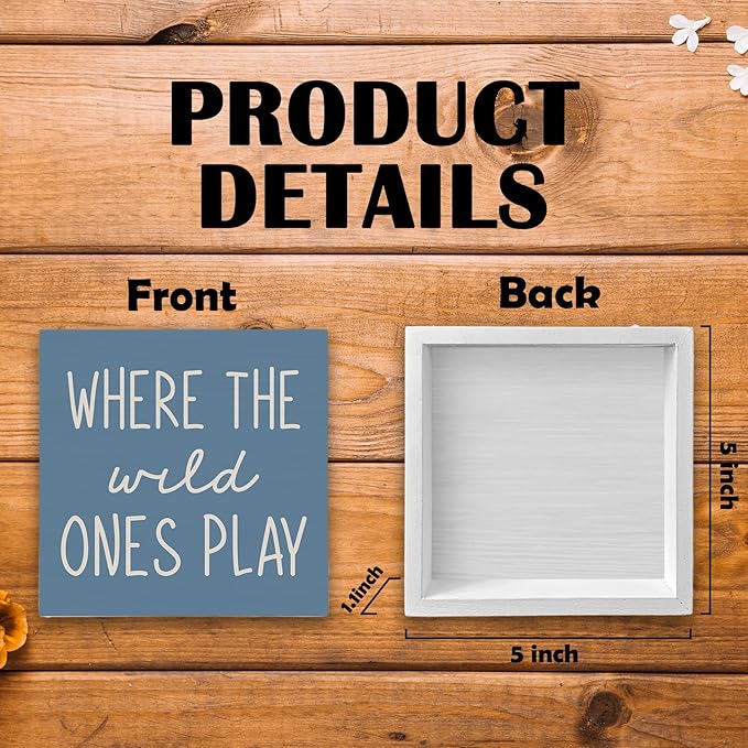 Where The Wild Ones Play Blue Wood Box Sign Desk Decor 5X5, Nursery Kids Room Wooden Block Sign Decorations for Playroom Toddler Boys Girls Room Wall Tabletop Shelf Decor