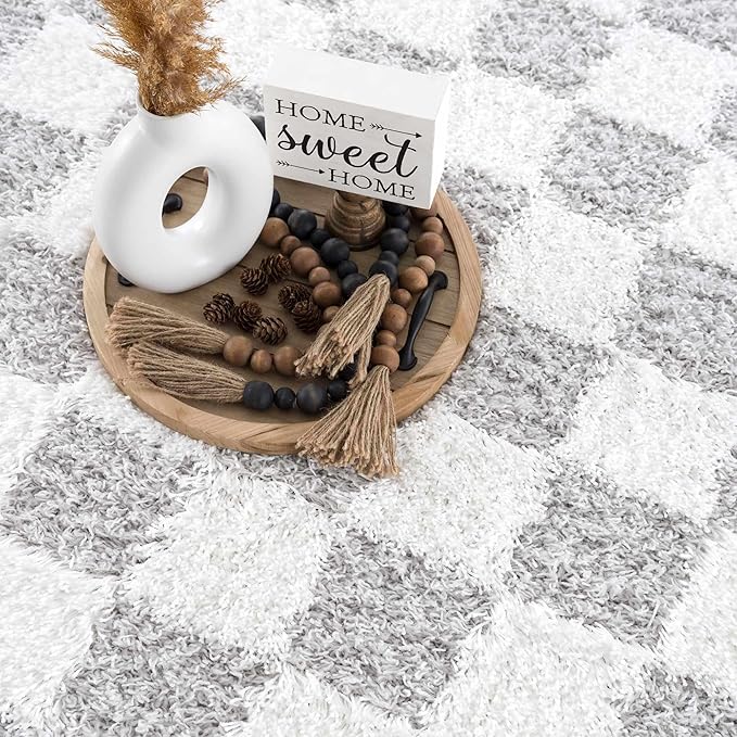 Hauteloom Atira Contemporary Checkered Fluffy Shag Area Rug - Modern Geometric Carpet Tiles for Living Room, Kids Room, Nursery - Plush Pile - Light Gray, Cream - 8'10" x 12'