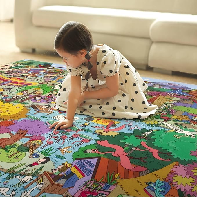 Colorful Jungle Adventure Kids Rug 5x7 – Fun Cartoon Play Mat with Animals, Amusement Park, and Nature Scene – Ideal for Bedrooms, Toddlers, or Small Play Areas