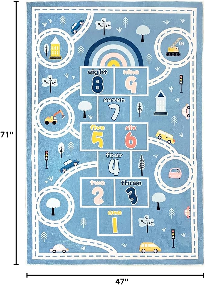 Kids Play Mat 4x6Ft Large Hopscotch Car Rug for Boys Bedroom Playroom Carpet Soft Classroom Educational Learning Area Children Rug, Blue