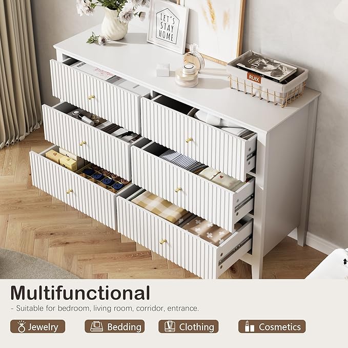 White Dresser for Bedroom, 6 Drawers Fluted Chest of Drawers with Storage, Modern Wide Storage Dresser with Paint Design, Wood Drawer Organizer White Dressers for Hallway, Entryway