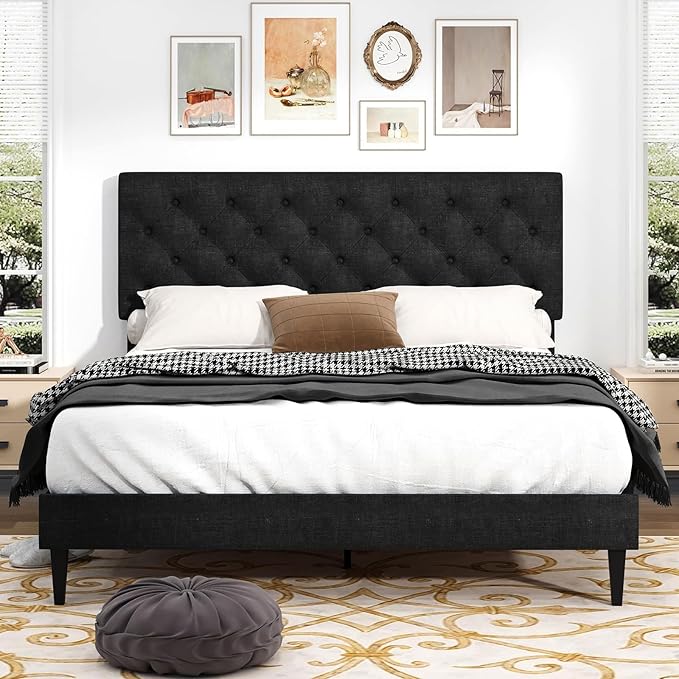 BarnFurin Queen Bed Frame, Upholstered Platform Bed with Button Tufted Headboard, Fabric Queen Beds with Wooden Slats Support, No Box Spring Required, Easy Assembly, Dark Grey