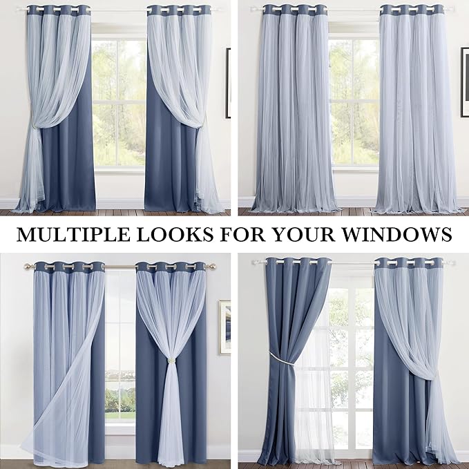PONY DANCE Curtains for Living Room - Blackout Curtains and White Sheer Overlay Light Blocking Grommet Drapes for Bedroom Kids Room Darkening with Tiebacks, (52x84 inches, Blue Haze, 2 Pieces)