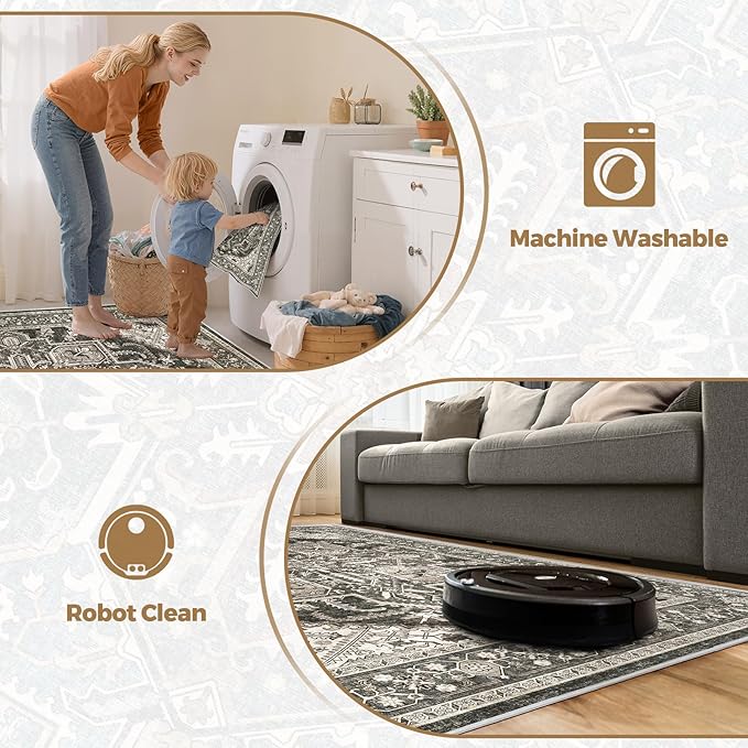 WITSHOCK Black 10x14 Large Living Room Rugs: Washable Modern Vintage Boho Soft Low Pile Stain Resistant Foldable Carpet for Bedroom Playroom Dining Room Office, Distressed Farmhouse Floral Home Decor
