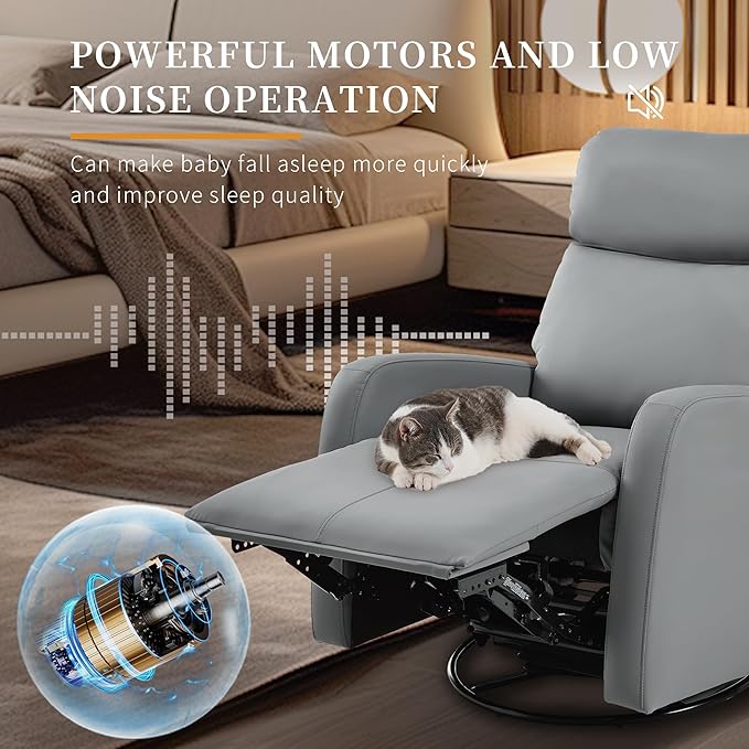 Power Swivel Rocker Recliner Chair for Nursery, Upholstered 270° Swivel Glider Chair with Phone Holder, USB Ports, Power Recliners for Small Spaces Living Room, Grey