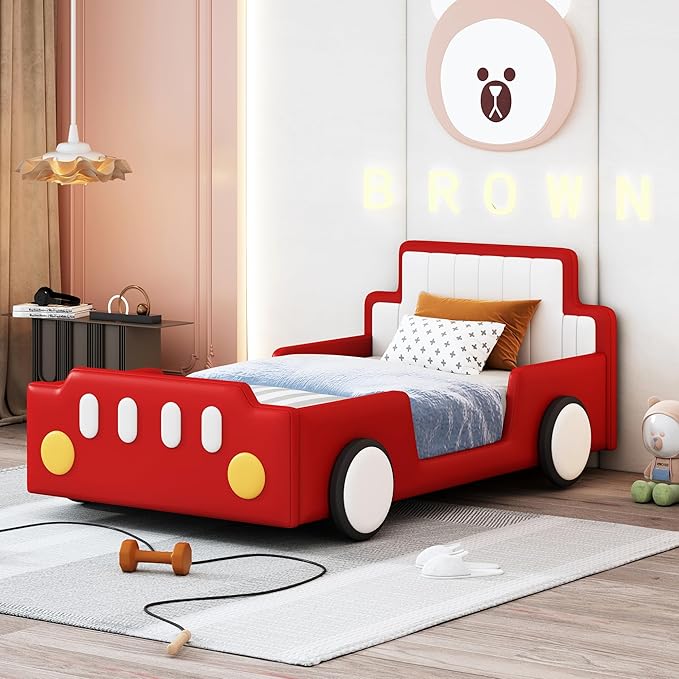 Twin Size Race Car-Shaped Platform Bed with Wheels, Unique Design Floor Bed with PU Leather Headboard and Safety Guardrails, Wood Slat Support for Kids,Boys,Girls (Red-100A)