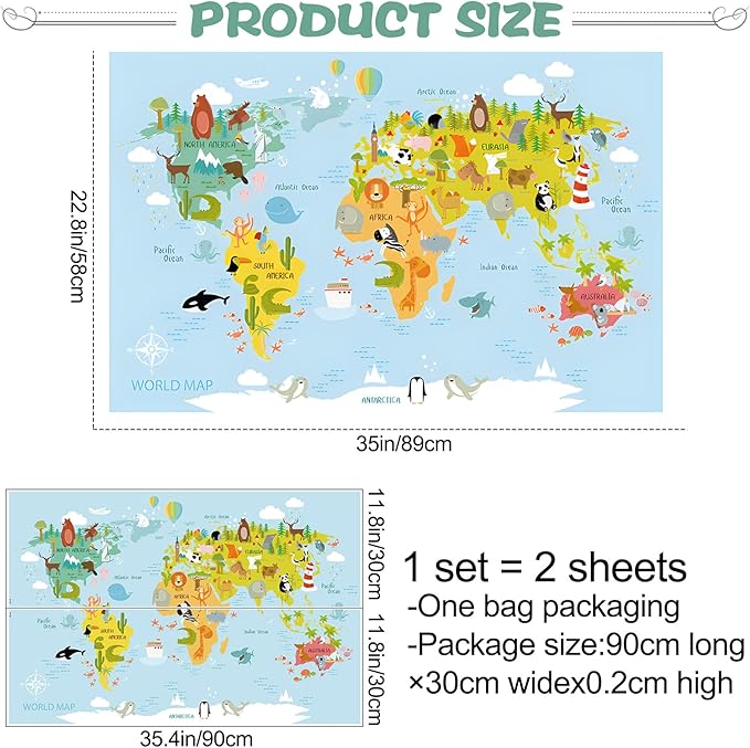 Animal World Map Wall Decals Kids Educational Learning Landmarks Wall Stickers Jungle Wild Animal Wall Art Decal Removable World Map Simple Cute Animal Wall Murals for Kids Calssroom Decor