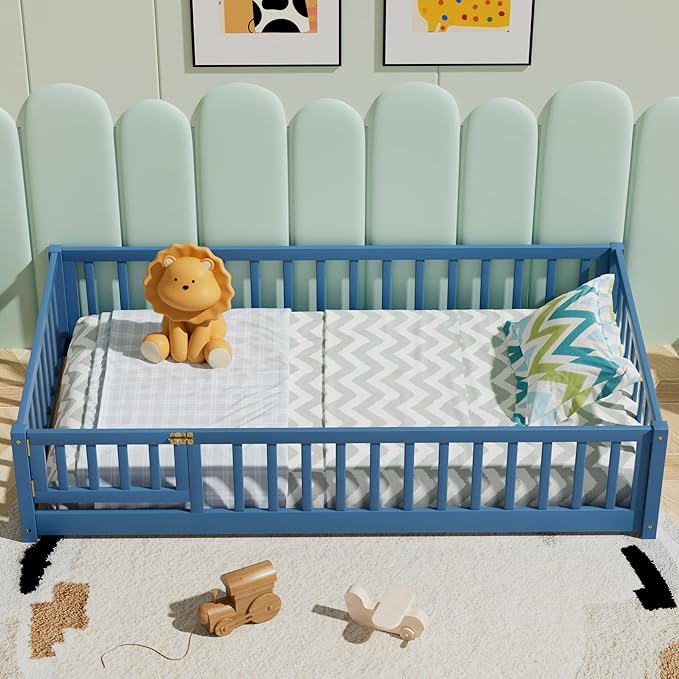 i-POOK Twin Floor Bed Frame with Wood Slats, High Fence & Small Door, Pinewood Montessori Floor Bed for Girls and Boys, Mist Blue