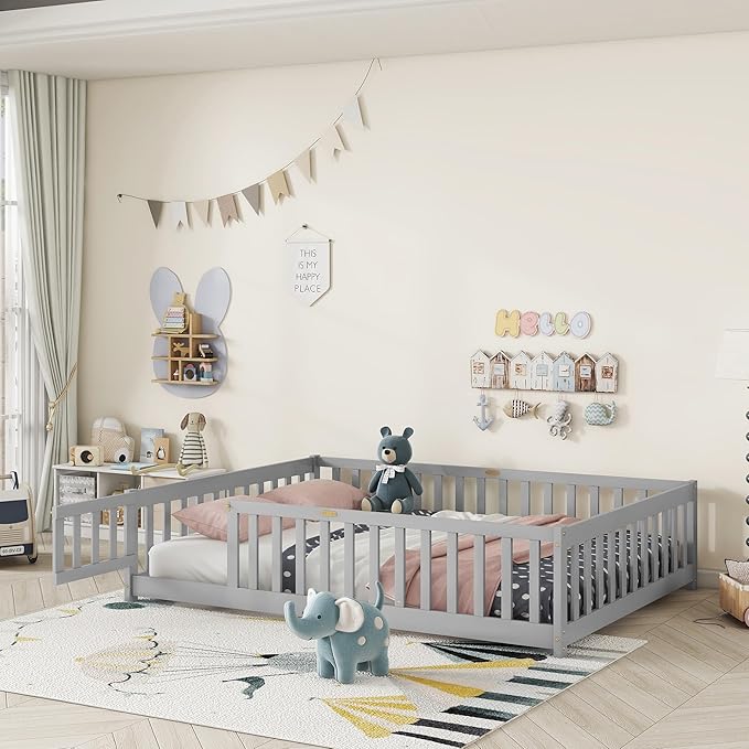Full Size Floor Bed for Kids, Wood Montessori Floor Beds with Fence Railings, Door & Slats Support, Full Playhouse Bed Frame for Boys Girls, No Box Spring Needed, Gray