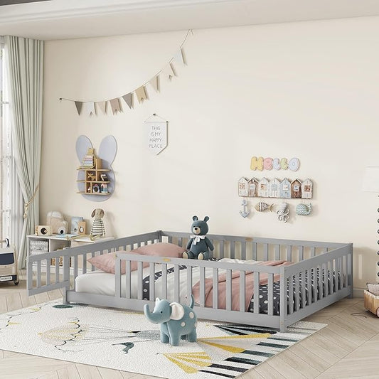Full Size Floor Bed for Kids, Wood Montessori Floor Beds with Fence Railings, Door & Slats Support, Full Playhouse Bed Frame for Boys Girls, No Box Spring Needed, Gray