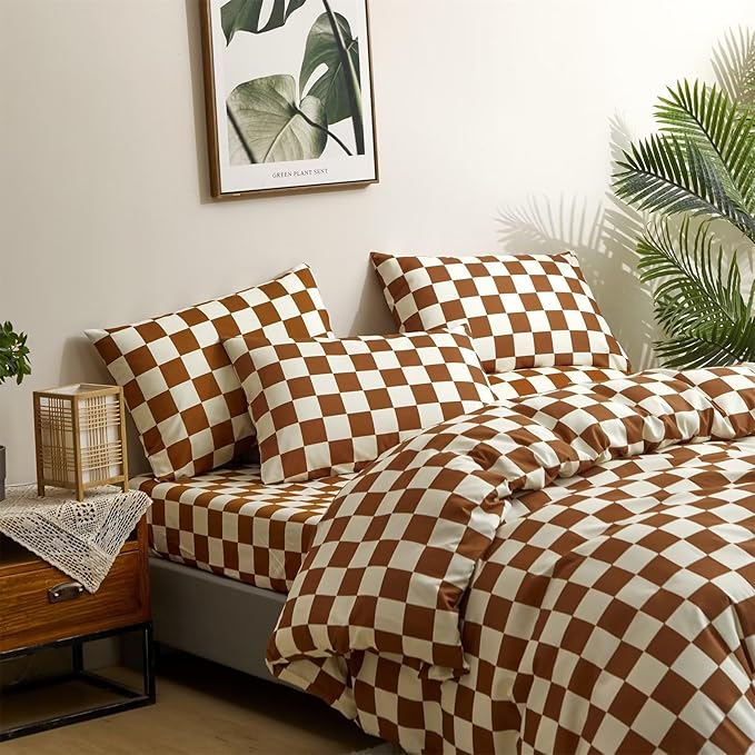 Houseri Brown Plaid Duvet Cover King White Pumpkin Colored Checkerboard Duvet Cover King Size Men Women Caramel Buffalo Checkered Bedding Elegant Camel Grid Duvet Covers King