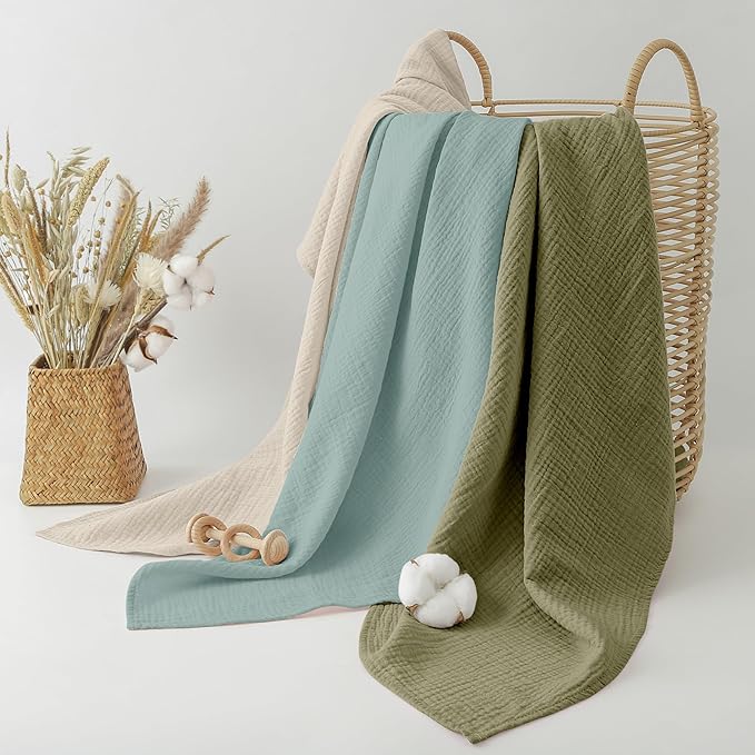Bearmoss Muslin Swaddle Blankets, 40 x 38 inches Baby Swaddle for Boys and Girls, Soft Baby Blanket, 3 Pack Breathable Nursery Receiving Blankets (Grey Green)