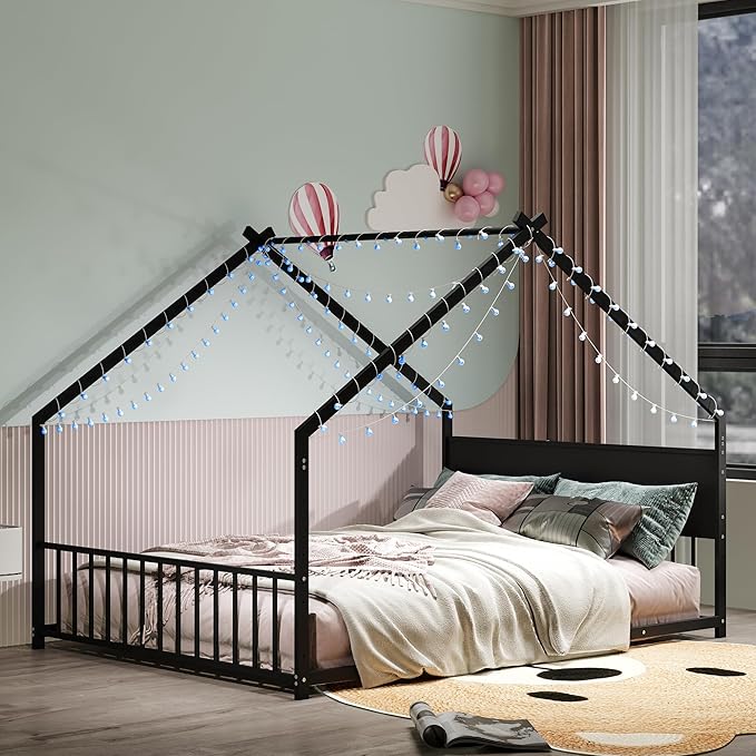 Ball & Cast Full Size Floor Bed,Low to Ground Montessori Bed with Roof & Colorful LED Lights,Toddler House Bed Frame W/Slats and Legs,No Box Spring Needed,for Girls Boys,Black