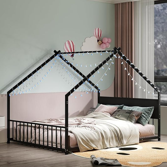 Ball & Cast Full Size Floor Bed,Low to Ground Montessori Bed with Roof & Colorful LED Lights,Toddler House Bed Frame W/Slats and Legs,No Box Spring Needed,for Girls Boys,Black