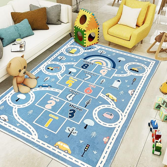 Kids Play Mat 4x6Ft Large Hopscotch Car Rug for Boys Bedroom Playroom Carpet Soft Classroom Educational Learning Area Children Rug, Blue
