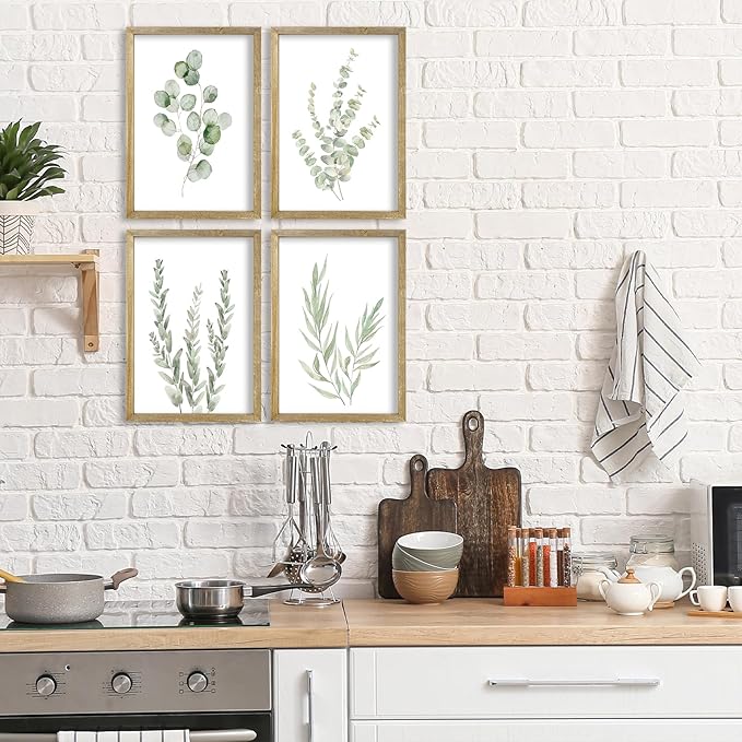 Botanical Wall Decor Sign 16x11 Inch Set of 4 Sage Green Plants Wood Framed For Bathroom Modren Bedroom Aesthetic Watercolor Laundry Room Art Wall Hanging (Wood)