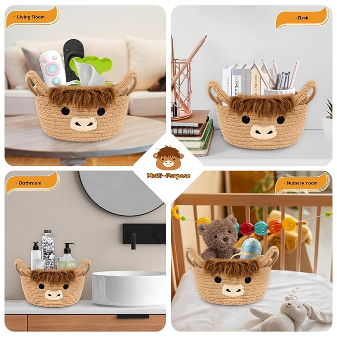 Highland Cute Cow Basket for Nursery, Small Shower Gift Basket, Round Woven Rope Cotton Storage, Baby Blanket 0rganizer with Ears Handles, Blanket Towel Decor Storage Bins, 10.7"D x 4.4"H in