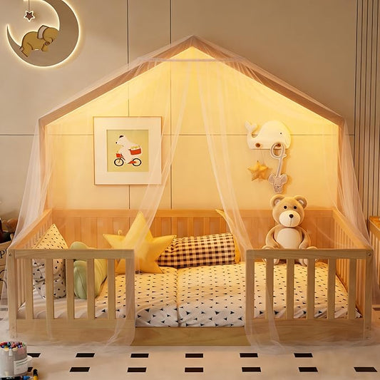Twin Size House Bed for Kids, Low Profile Montessori Bed Twin with High Railings, Wood House Shape Montessori Beds with Light & Roof for Kids, Natural