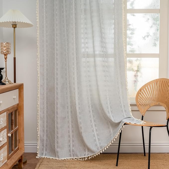 Deeprove Silver Grey Boho Curtain 96 inches Length for Living Room Bedroom Nursery Doorway, Sheer Bohemian 96 inches Long, Stripe Embroidery Privacy Window Fringe Christmas Decor W52 x L96, 1 Panel
