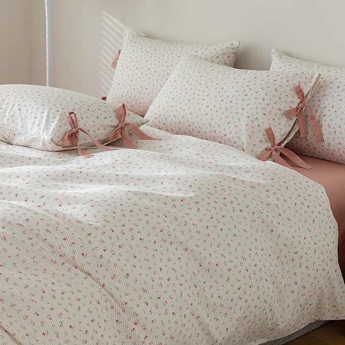 Floral Duvet Cover Queen Size Cotton Boho Fresh Garden Floral Coquette Comforter Cover with 2 Bowknot Bow Tie Pillowcases,3 Piece Botanical Flower Bedding Duvet Cover Set,Soft & Breathable Bedding Set