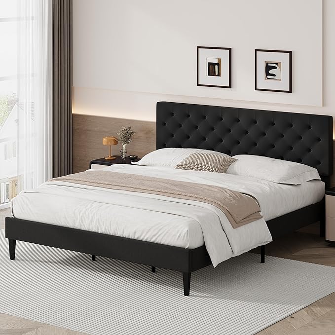 BarnFurin King Bed Frame, Upholstered Platform Bed with Button Tufted Headboard, Fabric Bed Frame with Wooden Slats Support, No Box Spring Required, Easy Assembly, Black