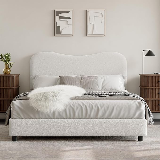 Senfot White Boucle Bed Frame with Upholstered Headboard, Soft Low Profile Sturdy Platform Bed with Rounded Corners Design, Heavy Duty, Wooden Slats, Noise Free, No Box Spring Needed, Full Size