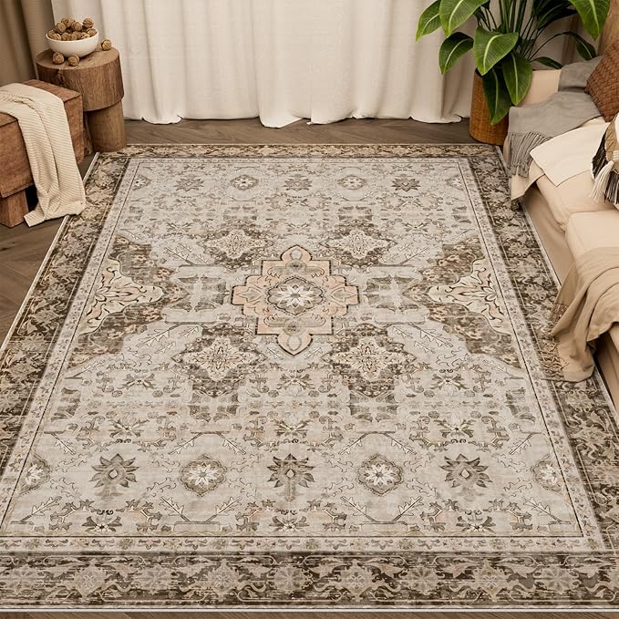 AMTOVO Area Rugs 5'x7' Washable Non-Slip, Vintage Boho Distressed Print Pattern Rugs for Living Room, Soft Low Pile Carpet for Bedroom Indoor Playroom Nursery Farmhouse Dining Room, Light Brown