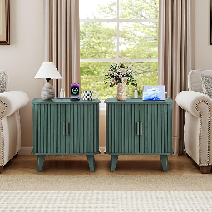 AVZEAR 24" Large Fluted End Table with Charging Station, Farmhouse Sofa Side Table with Sliding Tambour Door & Storage, Curved Rustic Wood Nightstand for Living Room, Bedroom, Green