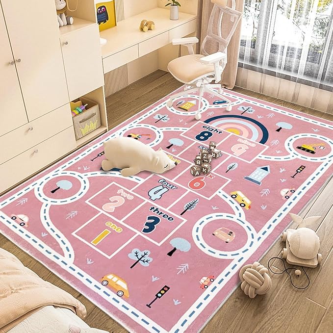 Kids Play Mat Hopscotch Car Area Rug 5x8Ft Extra Large for Girls Bedroom Soft Classroom Educational Learning Children Preschool Car Road Boys Gift, Pink