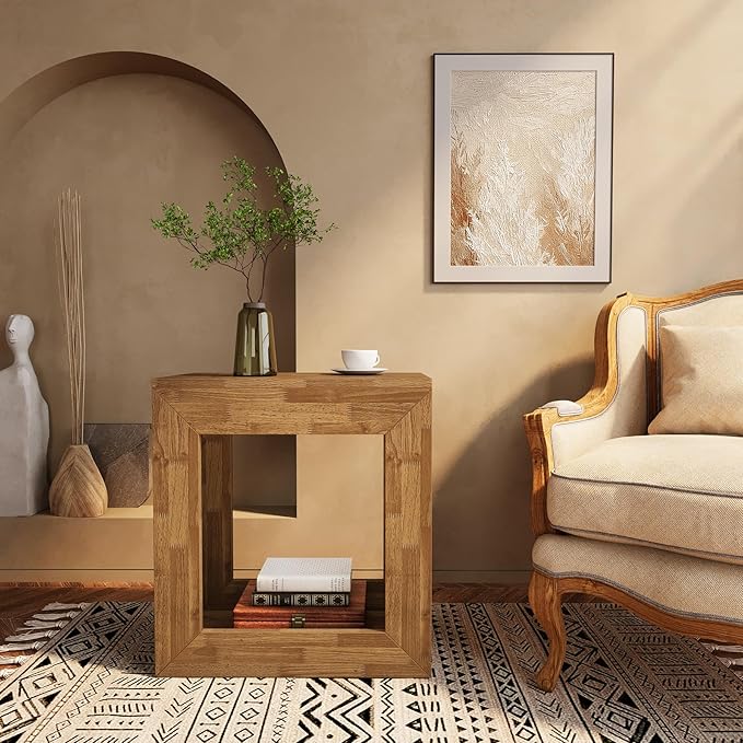 Tribesigns Rustic End Table, 2-Tier Wooden Side Table with Sturdy Base, Farmhouse Narrow Nightstand with Storage Shelf for Living Room, Bedroom, Brown (Set of 2)