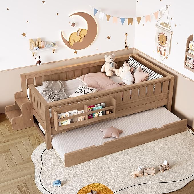 Bellemave Twin Bed with Trundle Twin and Stairs, Twin Size Platform Bed Frame with Fence and Bookshelf, Easy Assemble Beds for Kids, Girls, Boys, Natural