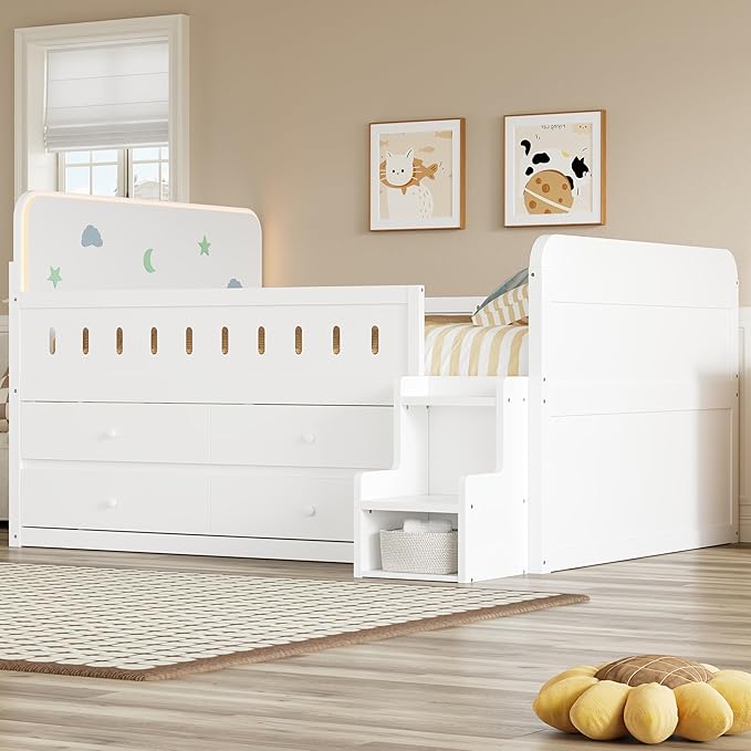 Full Size Platform Bed with Guardrail and 4 Drawers, Wooden Kids Platform Bed Frame with Two-Step Staircases and Light Strip for Boys Girls, Sturdy Slats Support (White-11A)