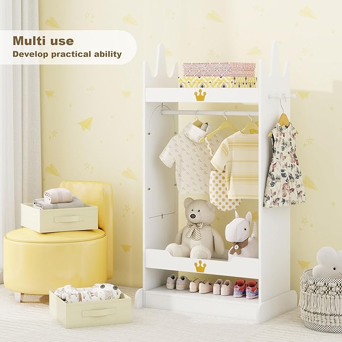 Kids Dress Up Storage with Mirror, Kids Costume Wardrobe with Shelves & Non-Woven Drawers, Children Open Hanging Armoire Costume Organizer for Kids Room, Nursery, Preschool, White