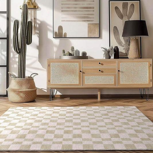 EverGrace Checkered Plaid Area Rug 4x6, Soft Fuzzy Faux Wool Rugs Washable Anti Slip Rugs Large Rug Carpet for Entryway Bedroom Living Room Hallway Kitchen Dining Room and Laundry Room, Beige