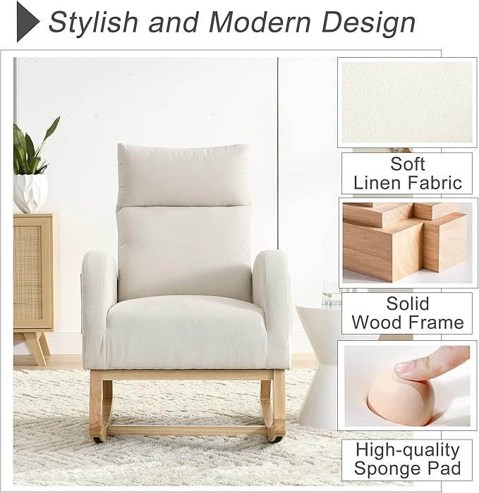 Nursery Rocking Chair with Solid Wood Legs, Glider Chair for Nursery with Two Side Pockets, Rocker Armchair for Living Room Bedroom (Beige, Linen Fabric)