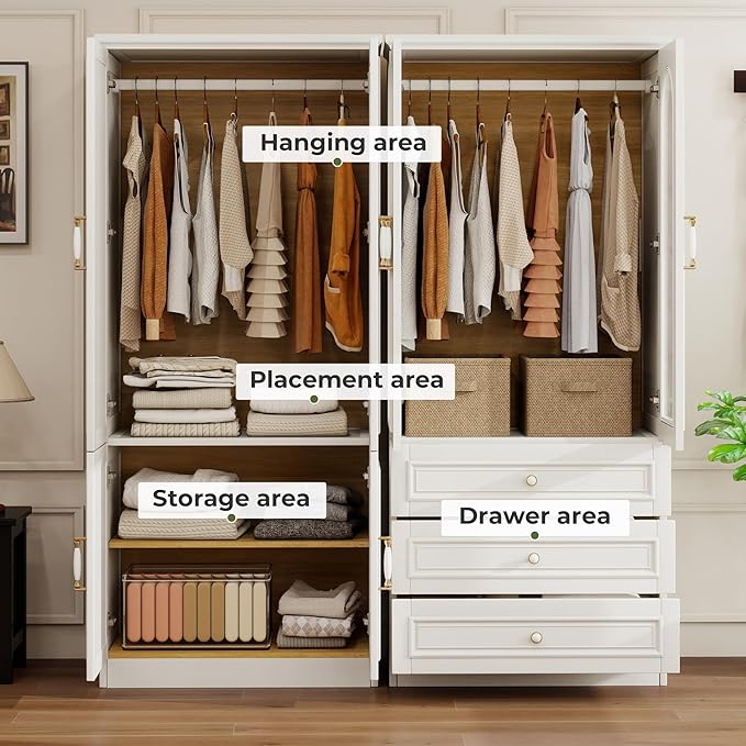 Solid Wood Wardrobe Closet:TemkTuek 70.87" Large Armoire Wardrobe Cabinet,Clothing Storage Cabinet with Doors,Shelves and Hanging Rails,Vintage Freestanding,Bedroom,White(18-19)