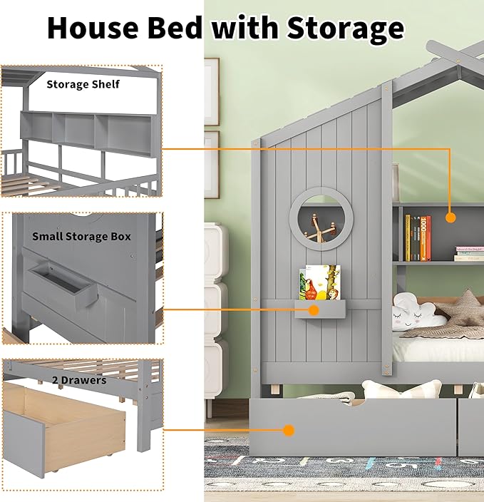 Linique Wooden Twin Size House Bed with 2 Drawers and Storage Shelf,Twin Platform Bed Frame with Pitched Roof,Gray