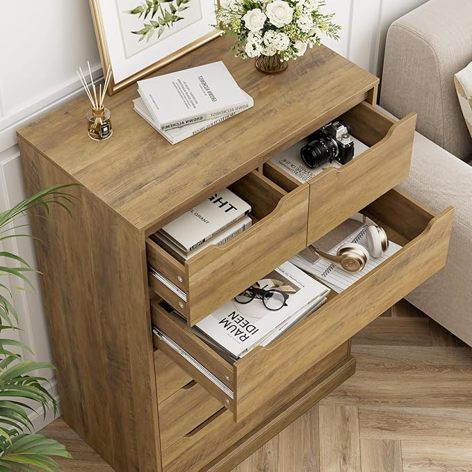 HOSTACK Modern 6 Drawer Dresser for Bedroom, Tall Chest of Drawers with Storage, Large Wood Storage Chest Organizers with Cut-Out Handles, Accent Storage Cabinet for Living Room, Hallway, Rustic Brown