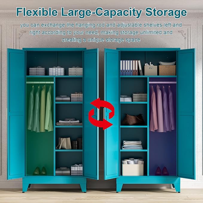 71'' Farmhouse Metal Wardrobe Cabinet with Hanging Rod, 2 Barn Door Wardrobe Closet with 5 Adjustable Shelves,Drawer,for Dining Room,Bedroom,Living Room, Cloak Room,Office (Peacock Blue)