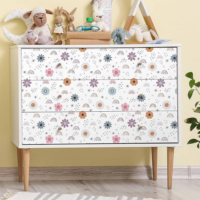 CHIHUT Boho Rainbow Peel and Stick Wallpaper Watercolor Cute Flowers Stars Rainbow Contact Paper Kids Self Adhesive Removable Wallpaper Flowers Wall Decals for Girls Bedroom Cabinets Walls 17.7”x100”