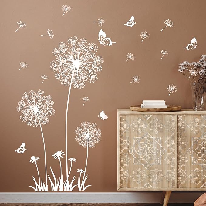 2 Sheets Dandelion Wildflower Wall Decals Art, Wall Stickers Peel and Stick Floral Butterflies Flying Decor for Girls Kids Women Baby Nursery Living Room Bedroom Bathroom Hallway Stairwell (White)