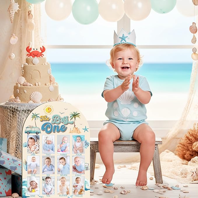 R HORSE My First Year Photo Display Wood Board - Baby’s First Year Picture Frame, 12 Months Milestone Board, 3D Summer Beach Neutral Baby Keepsake Gift One Year Old Birthday Nursery Decor for Girl Boy