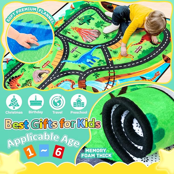 Kids Rug, Car Carpet for Kids' Toy Cars, 5x7 Ft Dinosaur Rug, Dino Safari Road Mat for Playroom, Educational Learning & Game Area Playmat Carpet for Children