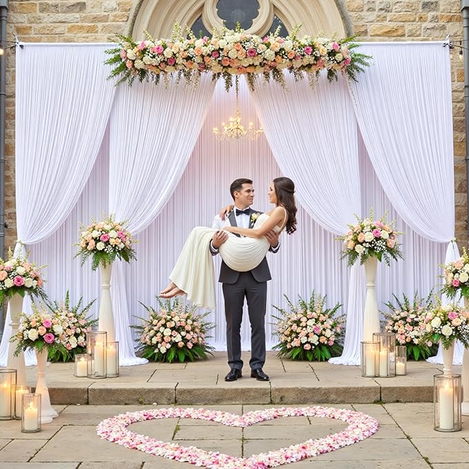 60 x 12ft Wrinkle Free White Backdrop Curtain for Wedding Parties, 12 Panels 5×12ft Long Soft Silky Polyester Photo Backdrop Drapes for Birthday Baby Shower Graduation Photography Background Cloth
