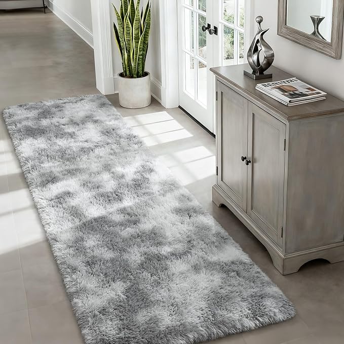 Merelax Soft Area Rugs for Livingroom Bedroom, Shaggy Plush Fuzzy Fluffy Carpet Furry Fur Rug, Modern Indoor Comfy Nursery Kids Dorm Home Decor Floor Mat, 2 x 6 ft, Tie-Dyed Light Grey
